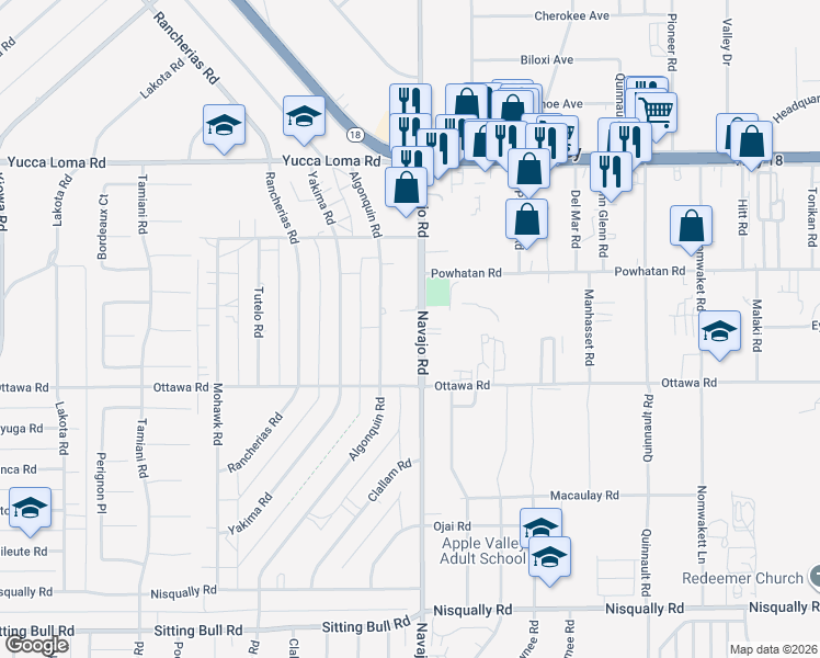 map of restaurants, bars, coffee shops, grocery stores, and more near 13414 Navajo Road in Apple Valley
