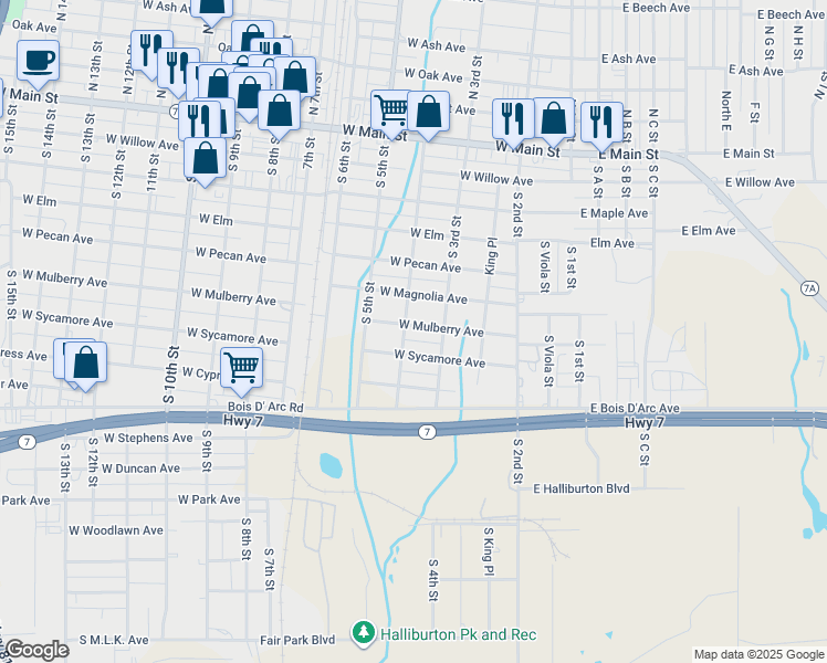 map of restaurants, bars, coffee shops, grocery stores, and more near 314 West Mulberry Avenue in Duncan
