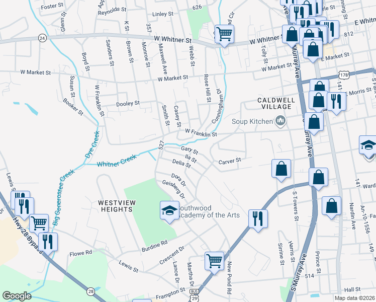 map of restaurants, bars, coffee shops, grocery stores, and more near 605 Owen Drive in Anderson