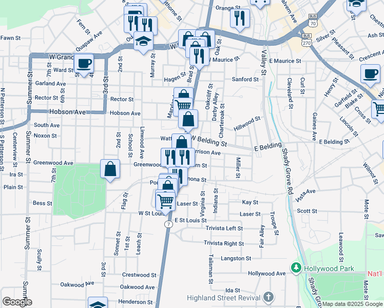 map of restaurants, bars, coffee shops, grocery stores, and more near 501 Morrison Avenue in Hot Springs