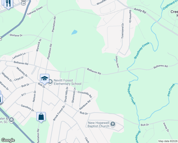 map of restaurants, bars, coffee shops, grocery stores, and more near 2400 Belhaven Road in Anderson