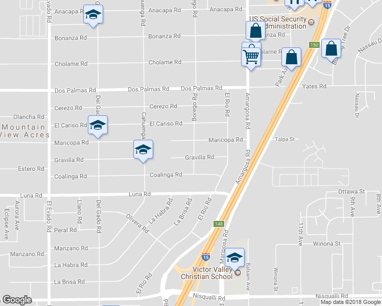 map of restaurants, bars, coffee shops, grocery stores, and more near 15086 Gravilla Road in Victorville
