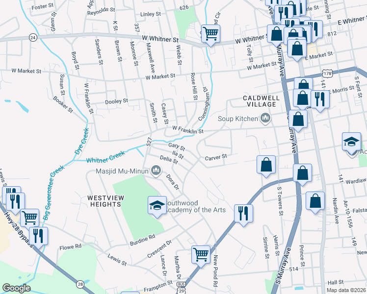 map of restaurants, bars, coffee shops, grocery stores, and more near 605 Owen Drive in Anderson