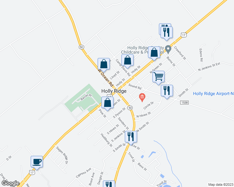 map of restaurants, bars, coffee shops, grocery stores, and more near 102 U.S. 17 in Holly Ridge