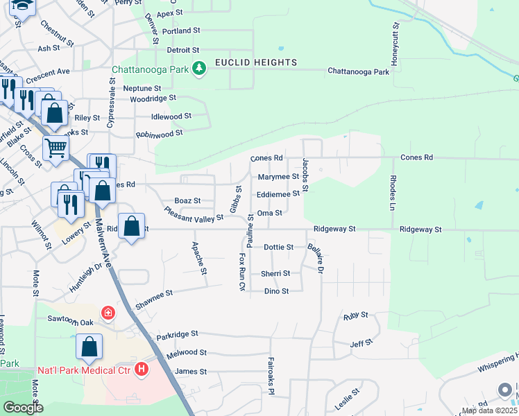 map of restaurants, bars, coffee shops, grocery stores, and more near 102 Eddiemee Street in Hot Springs