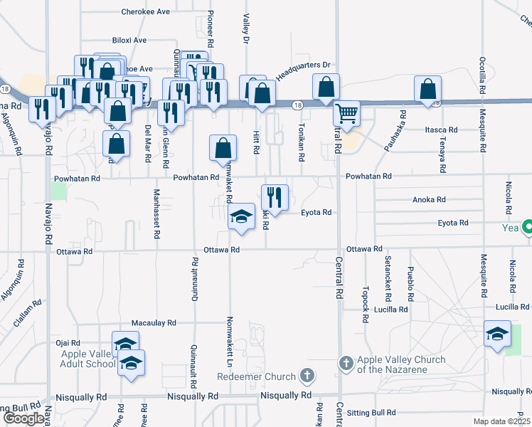 map of restaurants, bars, coffee shops, grocery stores, and more near Malaki Road in Apple Valley