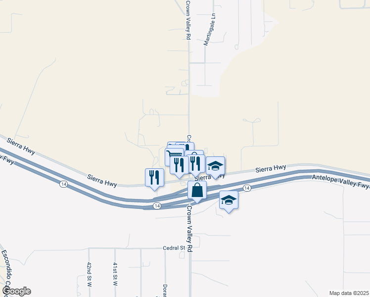 map of restaurants, bars, coffee shops, grocery stores, and more near 33805 Crown Valley Road in Acton