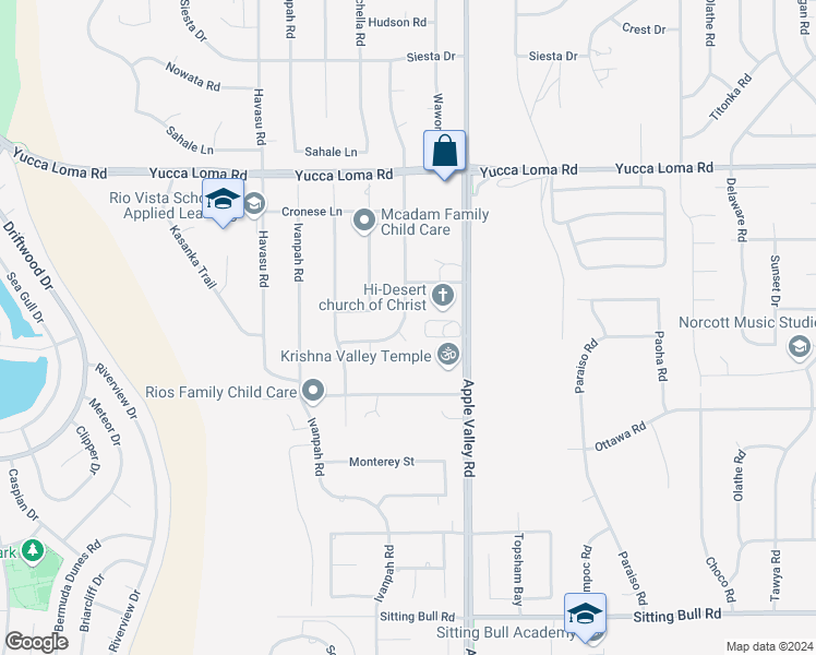 map of restaurants, bars, coffee shops, grocery stores, and more near 19186 Cochise Place in Apple Valley