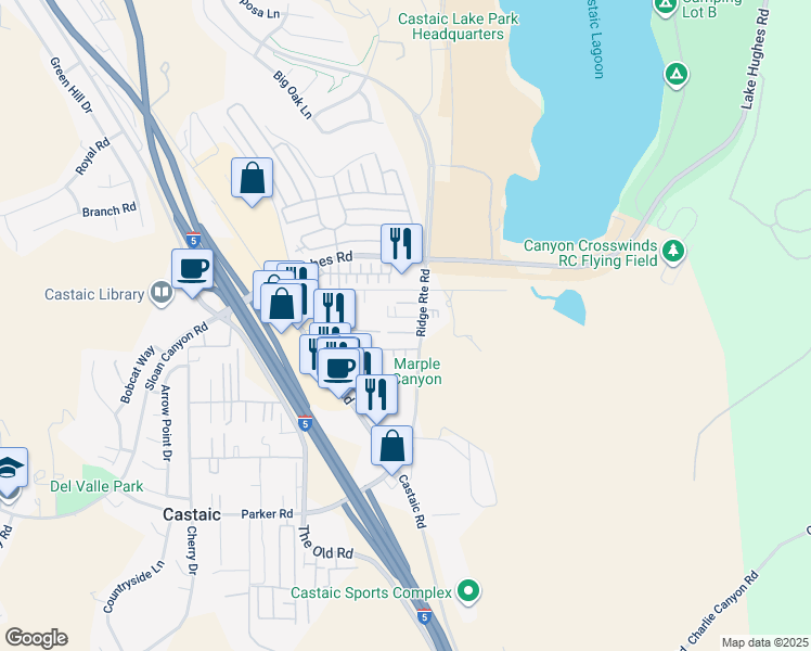 map of restaurants, bars, coffee shops, grocery stores, and more near 31727 Ridge Route Road in Castaic