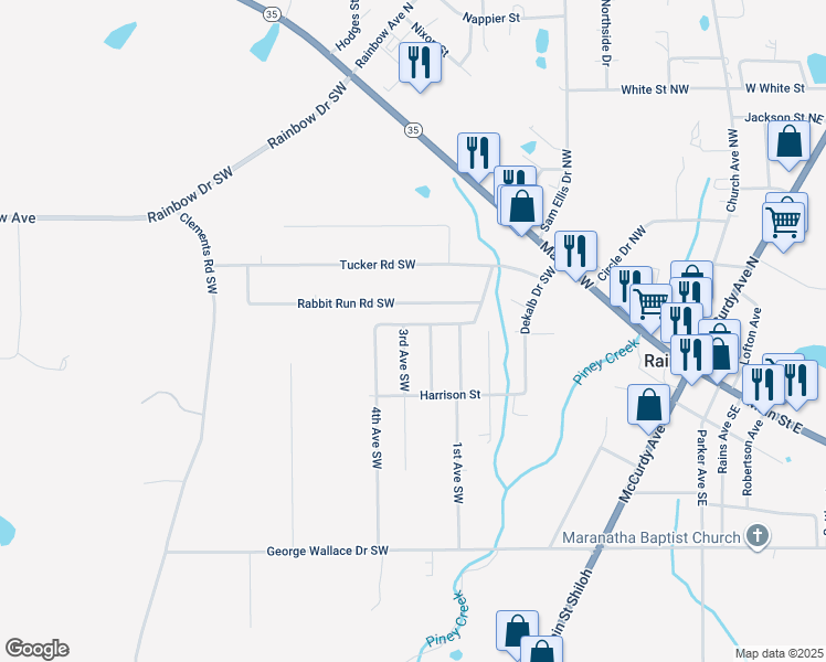 map of restaurants, bars, coffee shops, grocery stores, and more near 17 3rd Avenue Southwest in Rainsville
