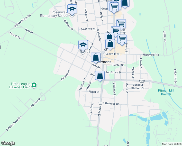 map of restaurants, bars, coffee shops, grocery stores, and more near 304 Floyd Street in Fairmont