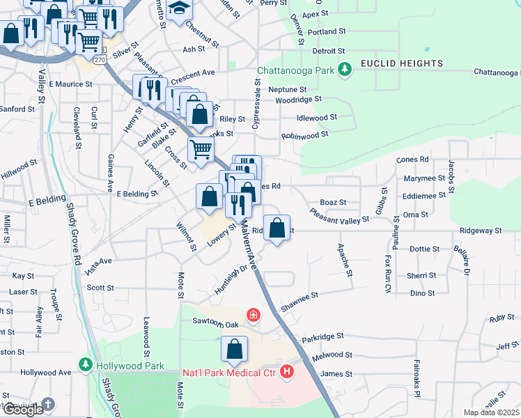 map of restaurants, bars, coffee shops, grocery stores, and more near 101 Highland Park Street in Hot Springs