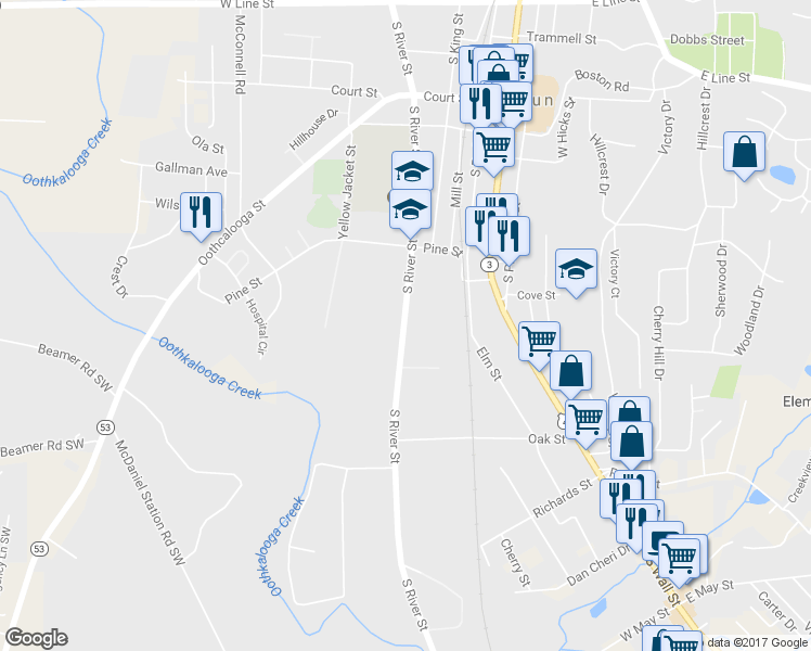 map of restaurants, bars, coffee shops, grocery stores, and more near 416 South River Street in Calhoun