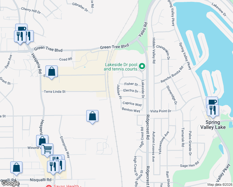 map of restaurants, bars, coffee shops, grocery stores, and more near 13432 Jubilee Place in Victorville