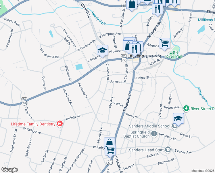 map of restaurants, bars, coffee shops, grocery stores, and more near 313 Jones Street in Laurens