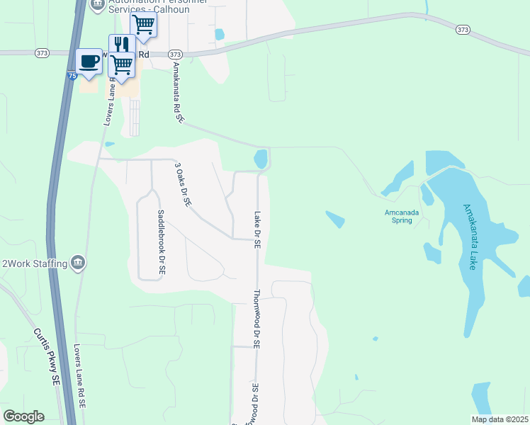 map of restaurants, bars, coffee shops, grocery stores, and more near 224 Lake Drive Southeast in Calhoun