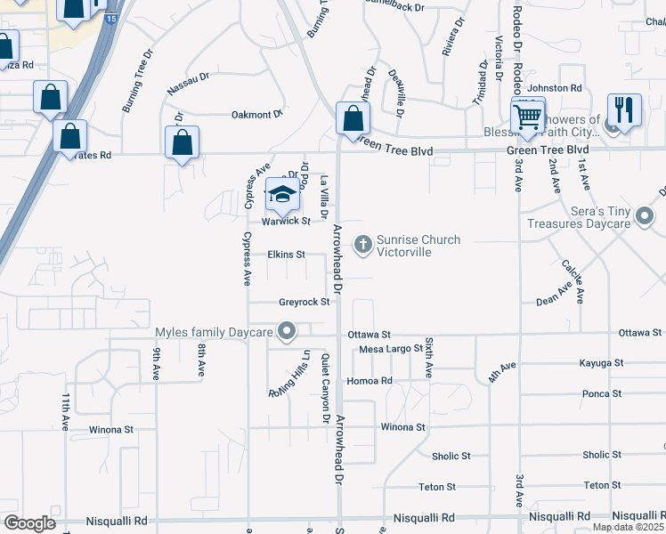 map of restaurants, bars, coffee shops, grocery stores, and more near 13457 Fawncreek Street in Victorville