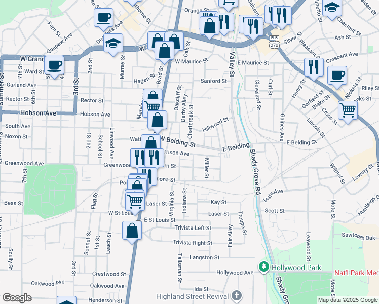 map of restaurants, bars, coffee shops, grocery stores, and more near 309 West Belding Street in Hot Springs
