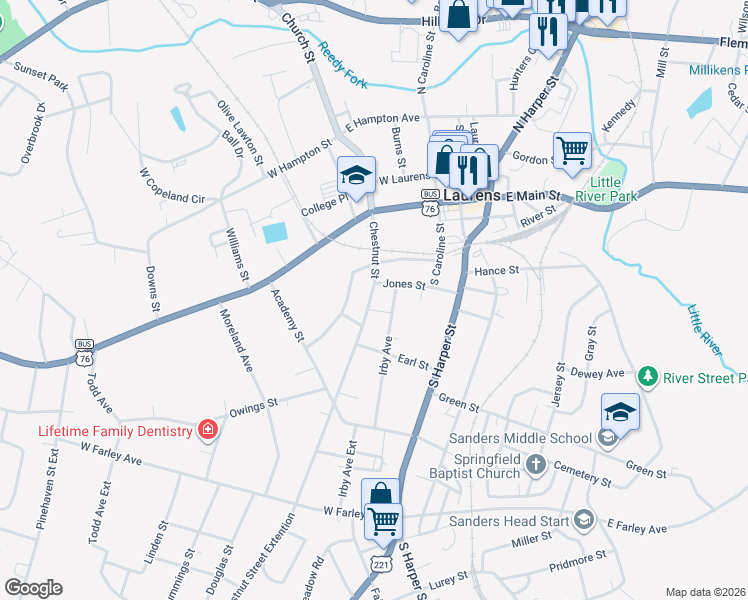 map of restaurants, bars, coffee shops, grocery stores, and more near 313 Jones Street in Laurens