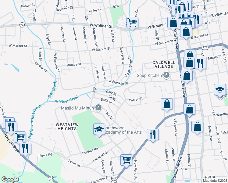 map of restaurants, bars, coffee shops, grocery stores, and more near 605 Owen Drive in Anderson