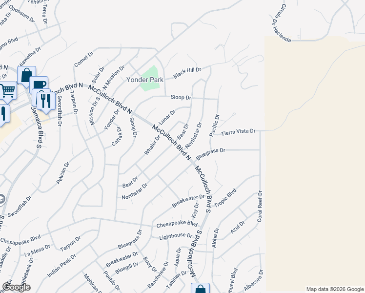 map of restaurants, bars, coffee shops, grocery stores, and more near 3900 Bear Drive in Lake Havasu City