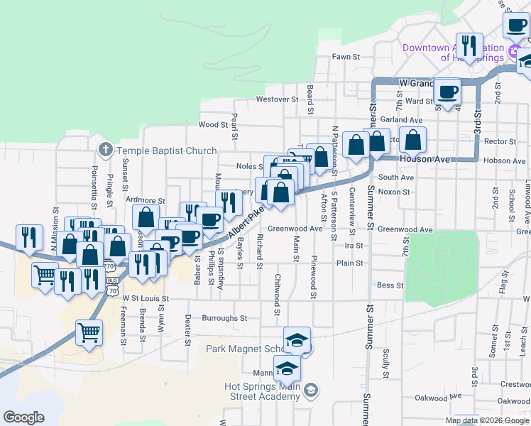 map of restaurants, bars, coffee shops, grocery stores, and more near 627 Albert Pike Road in Hot Springs