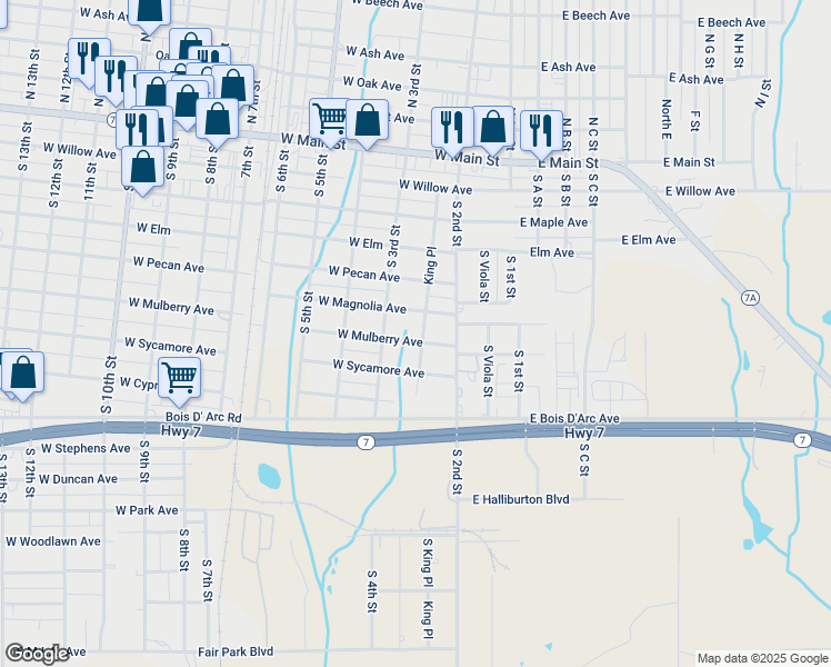 map of restaurants, bars, coffee shops, grocery stores, and more near 505 South King Place in Duncan