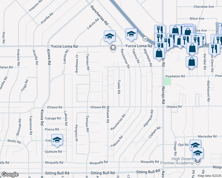 map of restaurants, bars, coffee shops, grocery stores, and more near 13425 Mohawk Road in Apple Valley