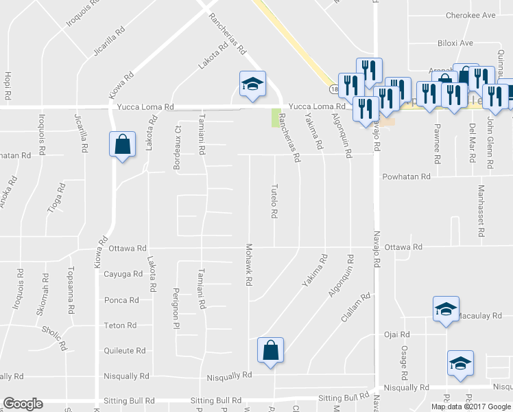 map of restaurants, bars, coffee shops, grocery stores, and more near 13409 Mohawk Road in Apple Valley