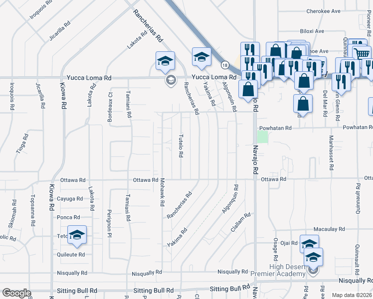 map of restaurants, bars, coffee shops, grocery stores, and more near 13417 Tutelo Road in Apple Valley