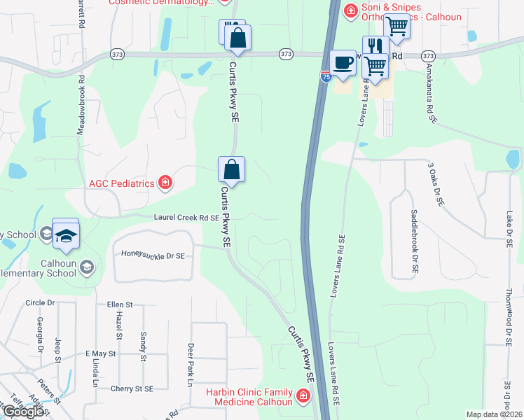 map of restaurants, bars, coffee shops, grocery stores, and more near 345 Curtis Parkway Southeast in Calhoun
