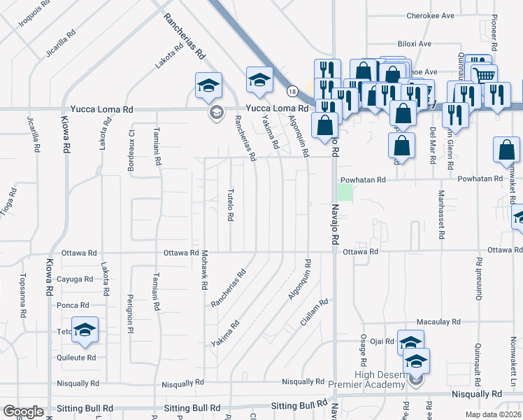 map of restaurants, bars, coffee shops, grocery stores, and more near 13417 Rancherias Road in Apple Valley
