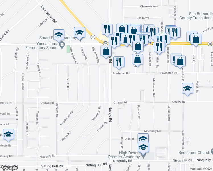 map of restaurants, bars, coffee shops, grocery stores, and more near 13414 Navajo Road in Apple Valley
