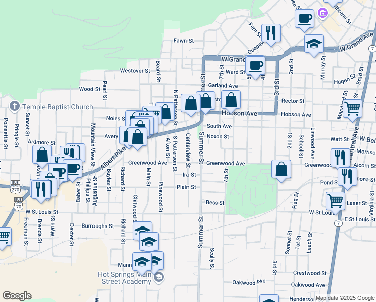 map of restaurants, bars, coffee shops, grocery stores, and more near 140 Centerview Street in Hot Springs