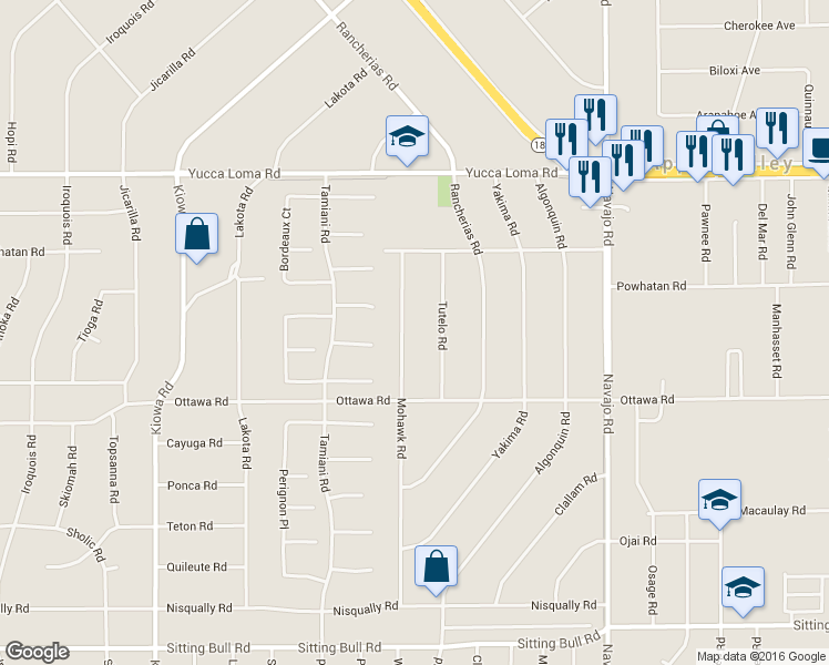 map of restaurants, bars, coffee shops, grocery stores, and more near 13425 Mohawk Road in Apple Valley