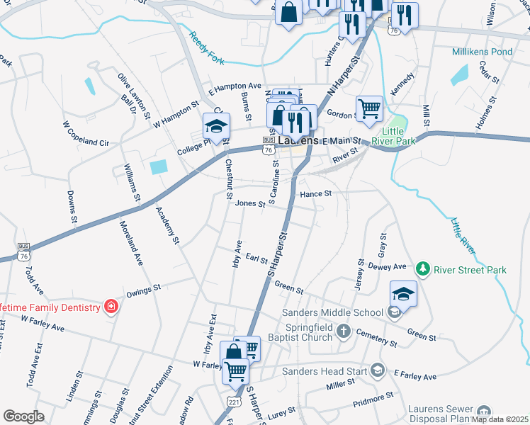 map of restaurants, bars, coffee shops, grocery stores, and more near 227 Jones Street in Laurens