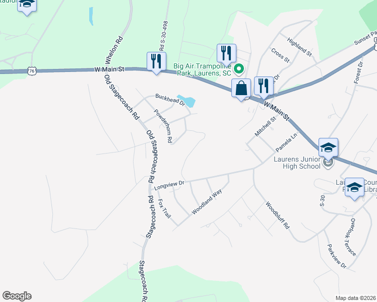map of restaurants, bars, coffee shops, grocery stores, and more near 406 Powderhorn Road in Laurens