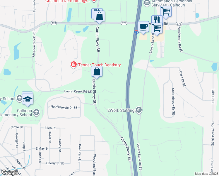 map of restaurants, bars, coffee shops, grocery stores, and more near 345 Curtis Parkway Southeast in Calhoun