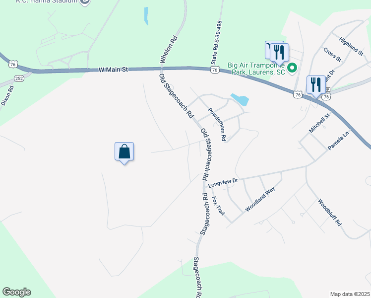 map of restaurants, bars, coffee shops, grocery stores, and more near 105 Wilderness Lane in Laurens