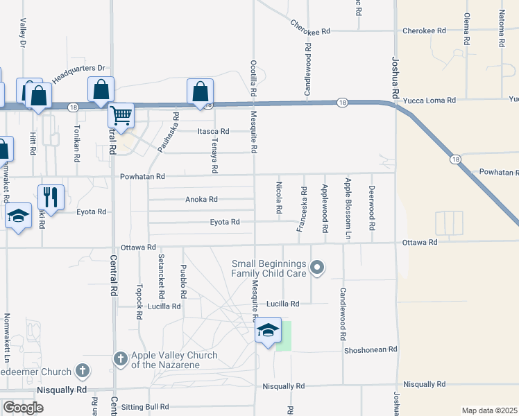 map of restaurants, bars, coffee shops, grocery stores, and more near 13421 Mesquite Road in Apple Valley
