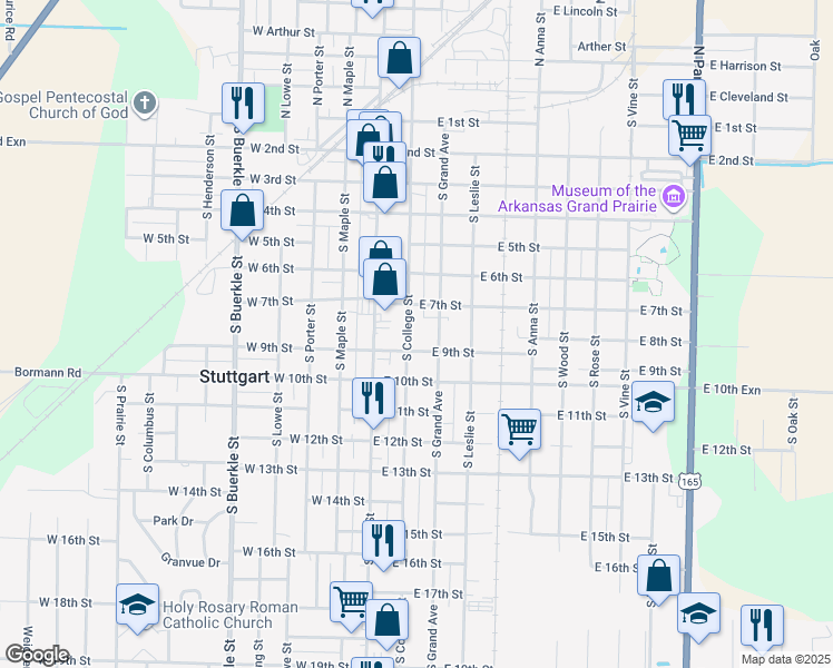 map of restaurants, bars, coffee shops, grocery stores, and more near 805 S College St in Stuttgart