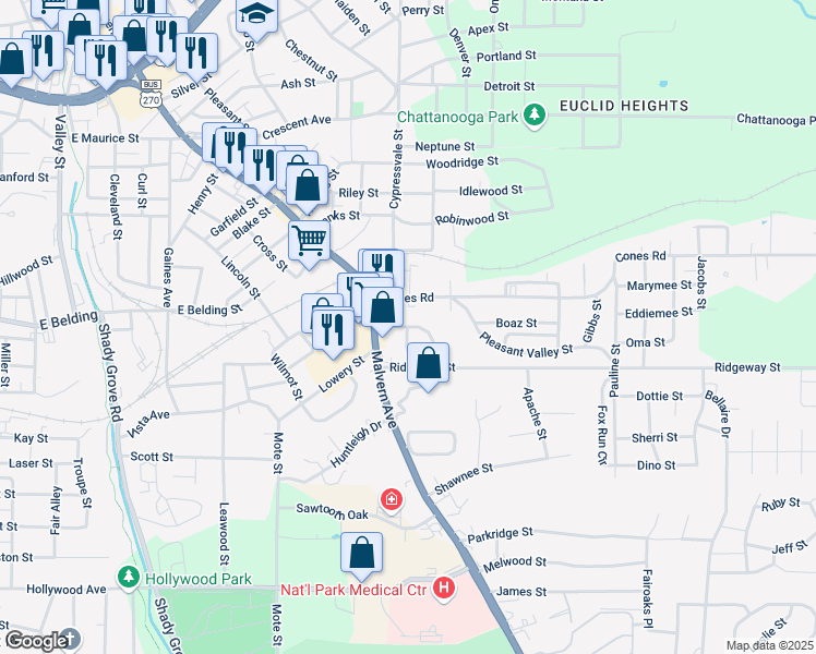 map of restaurants, bars, coffee shops, grocery stores, and more near 101 Highland Park Street in Hot Springs