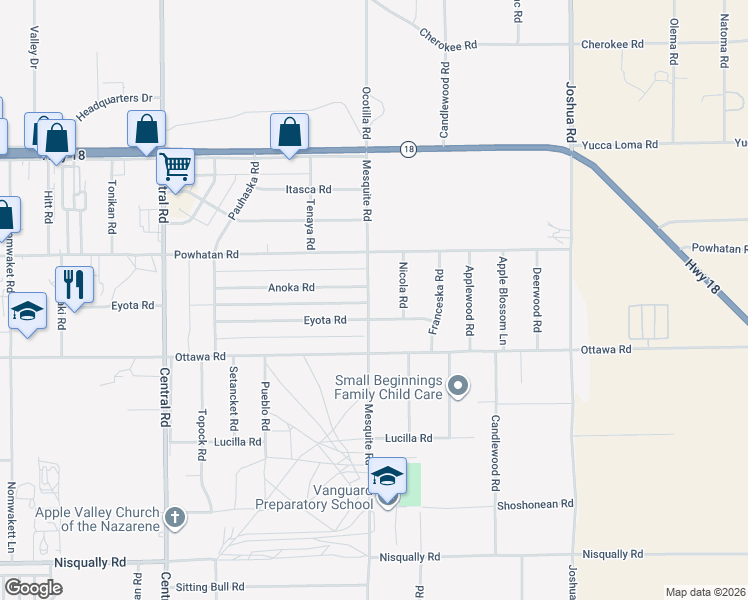 map of restaurants, bars, coffee shops, grocery stores, and more near 13421 Mesquite Road in Apple Valley