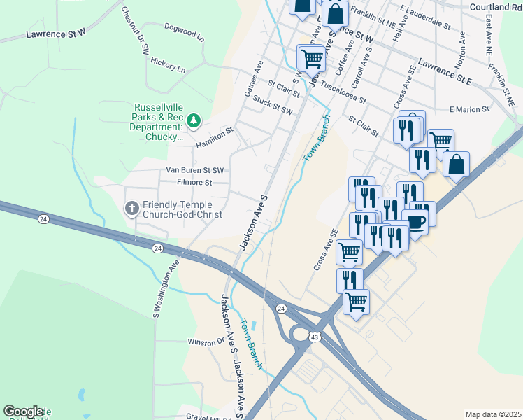 map of restaurants, bars, coffee shops, grocery stores, and more near 518 Jackson Avenue South in Russellville