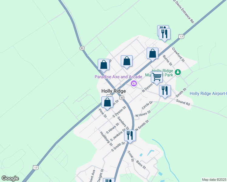 map of restaurants, bars, coffee shops, grocery stores, and more near 1001 VIctory Lap Lane in Holly Ridge