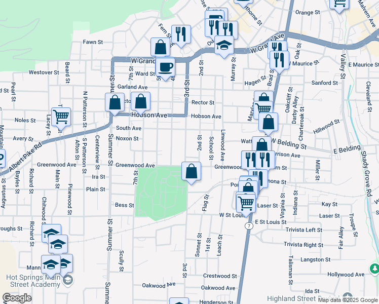 map of restaurants, bars, coffee shops, grocery stores, and more near 622 2nd Street in Hot Springs