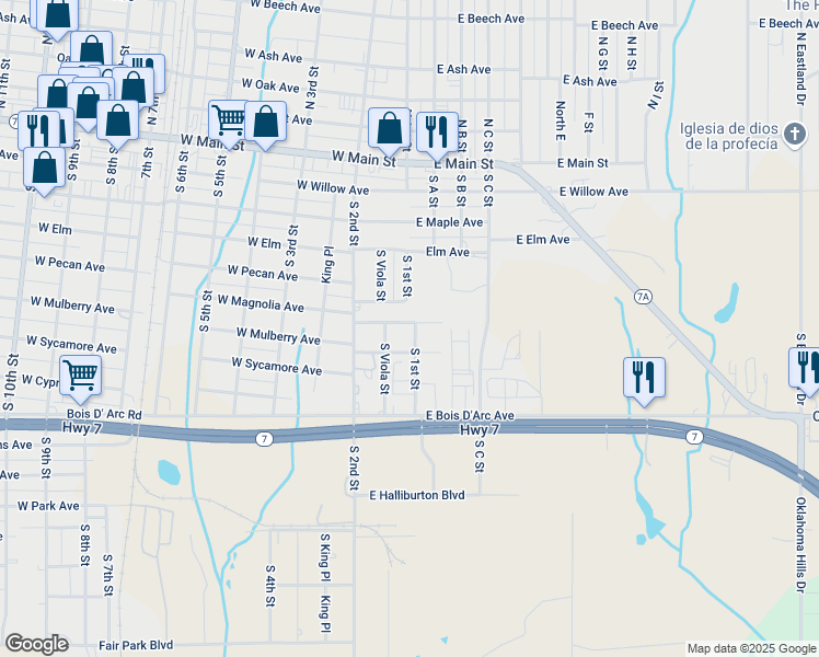 map of restaurants, bars, coffee shops, grocery stores, and more near 82 East Mulberry Avenue in Duncan