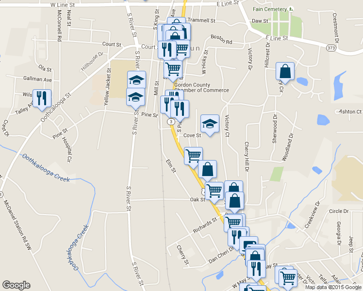 map of restaurants, bars, coffee shops, grocery stores, and more near 402 South Wall Street in Calhoun