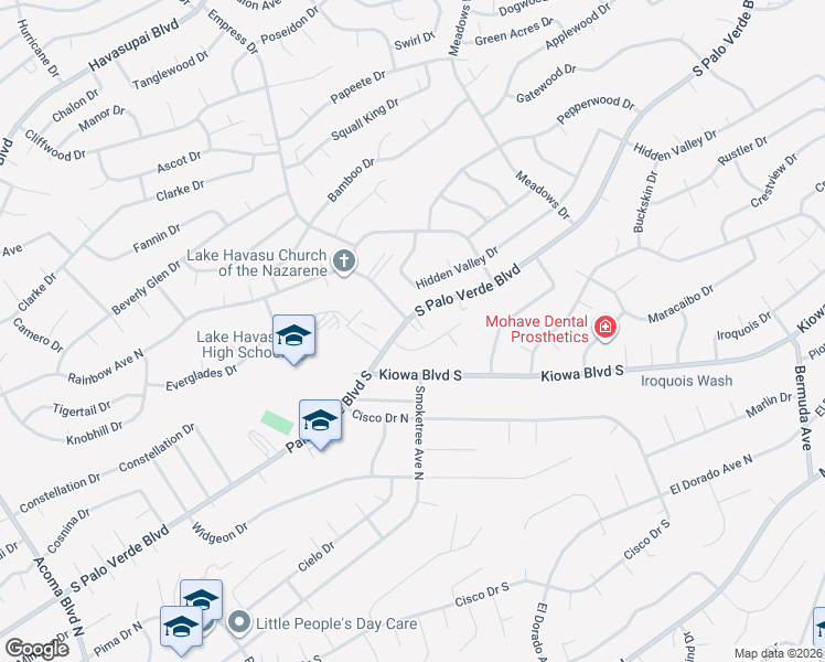 map of restaurants, bars, coffee shops, grocery stores, and more near 2750 Palo Verde Boulevard South in Lake Havasu City