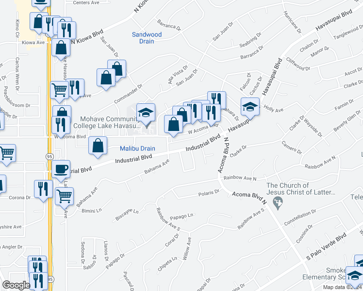 map of restaurants, bars, coffee shops, grocery stores, and more near 2061 Industrial Boulevard in Lake Havasu City